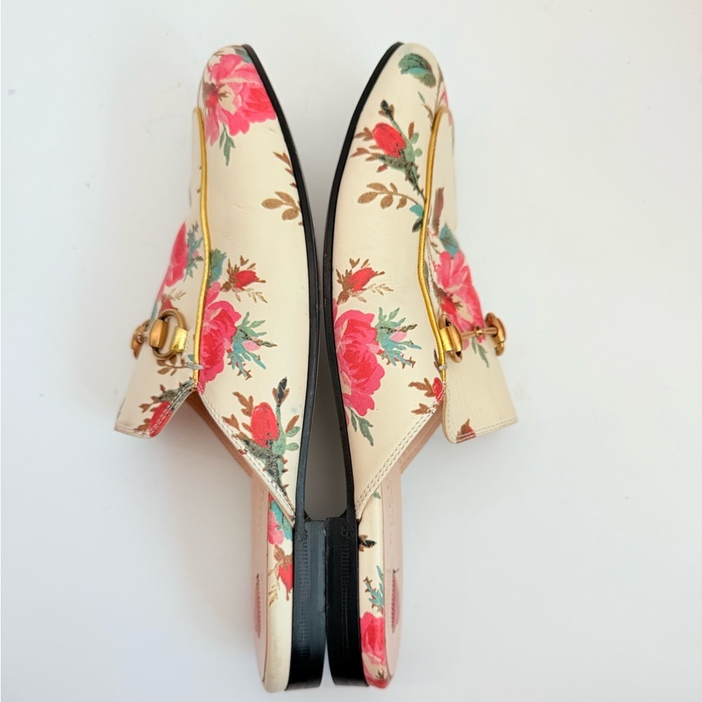 Gucci Cream Floral Leather Horsebit Mules with Pink Accents - Picture 5 of 9